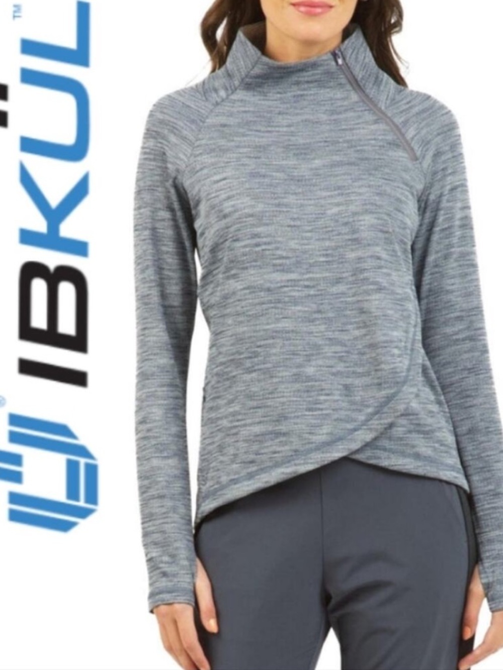 IBKUL Heathered Asymmetrical Quarter Zip Pullover Top UPF 50+ Gray Small